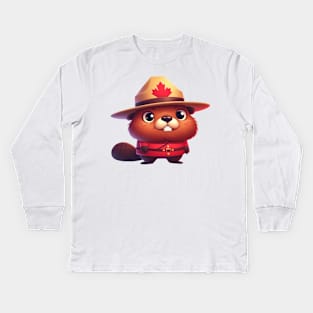 Cute Canadian Mountie Beaver Illustration Kids Long Sleeve T-Shirt